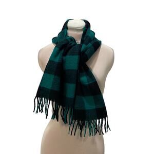 VINTAGE ESPRIT Teal & Black Check Plaid Wool Blend Fringe End Scarf 14x64 Preppy